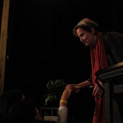 Alice Waters, distributing produce.