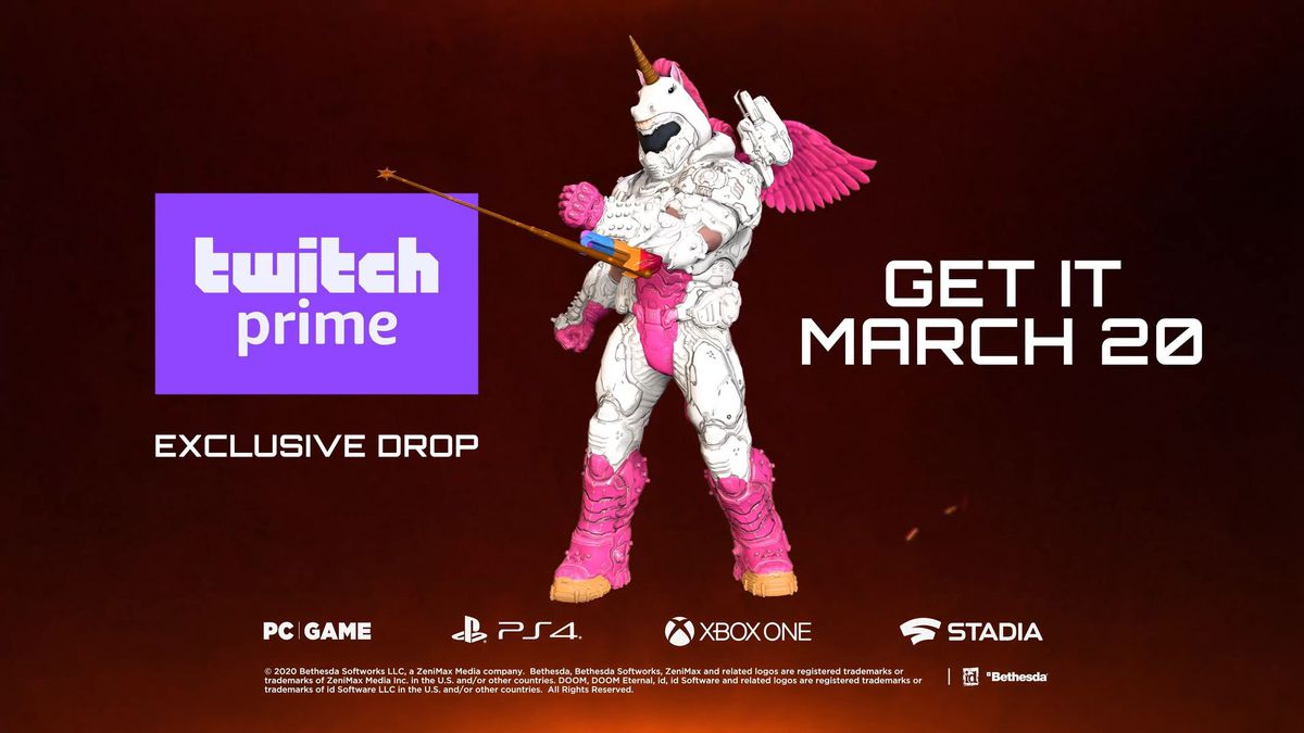 The Doom Guy in white armor, with pink boots and wings. A unicorn’s head tops his ensemble, seemingly glued in place and distorted slightly. It is perfect.