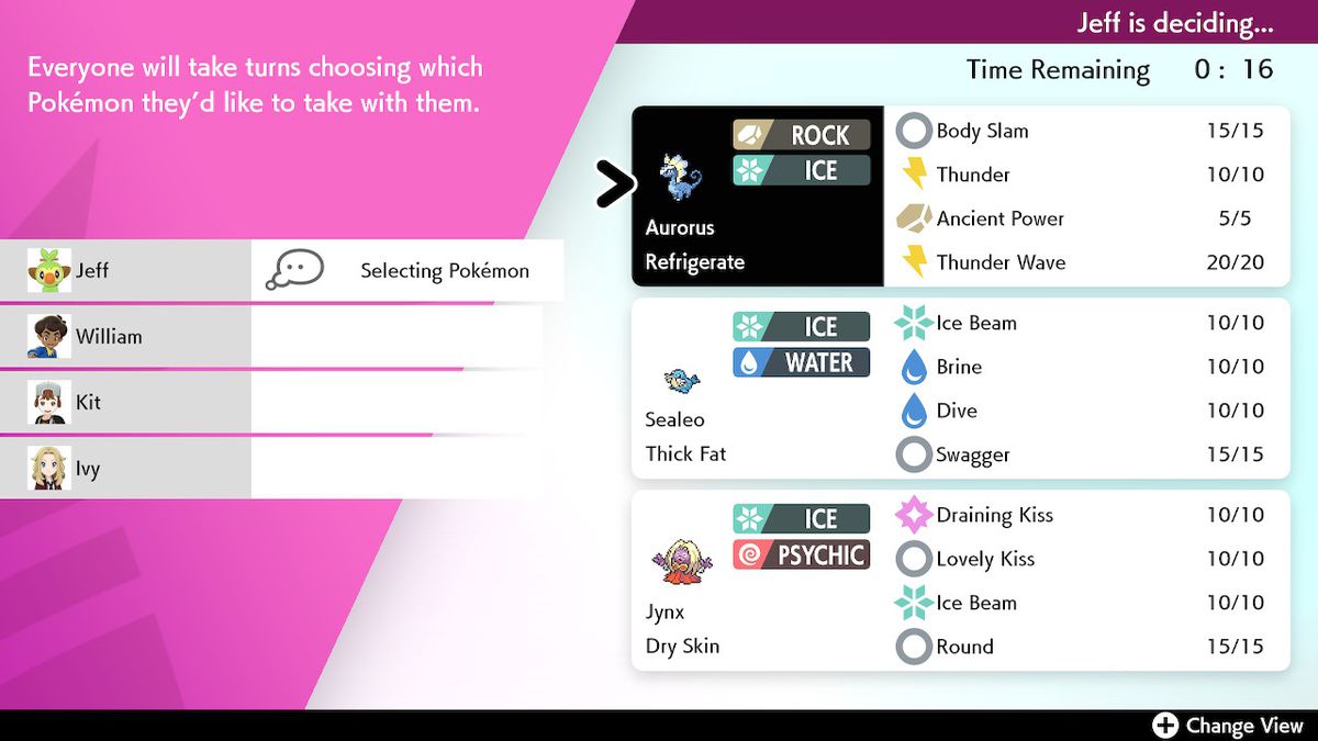 The creature selection screen in Dynamax Adventure mode in Pokémon Sword and Shield