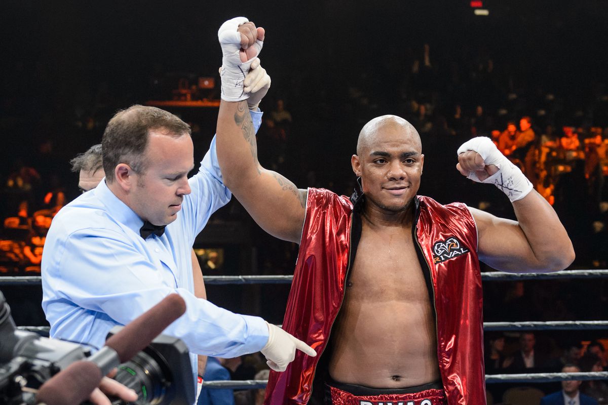 Oscar Rivas defeated Oezcan Cetinkaya during the heavyweight bout at Pepsi Coliseum on April 4, 2015 in Quebec City, Quebec, Canada.