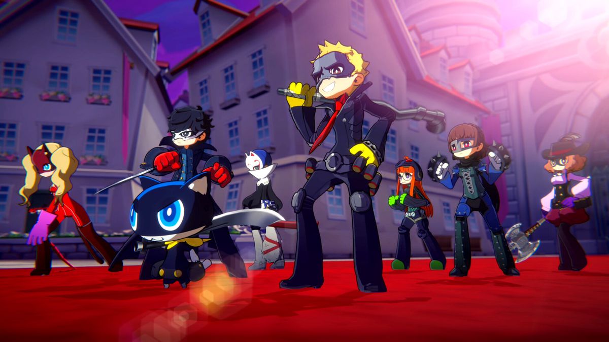 A bunch of chibi Persona 5 characters stand on a red floor looking ready to fight in Persona 5 Tactica 