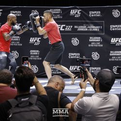 Demetrious Johnson works out for the crowd at the UFC 227 open workouts in Los Angeles, California.