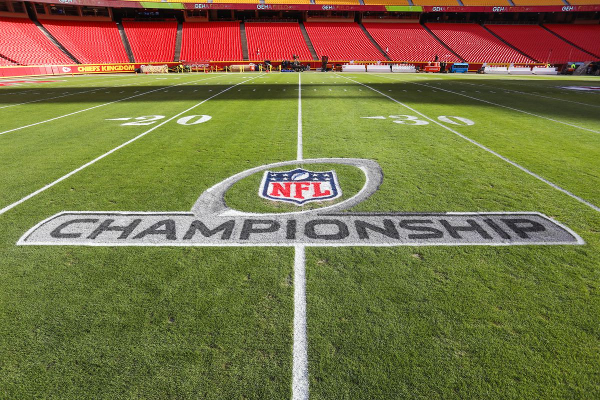 The NFL Championship logo on the field before the AFC Championship game between the Cincinnati Bengals and Kansas City Chiefs on Jan 30, 2022 at GEHA Field at Arrowhead Stadium in Kansas City, MO.