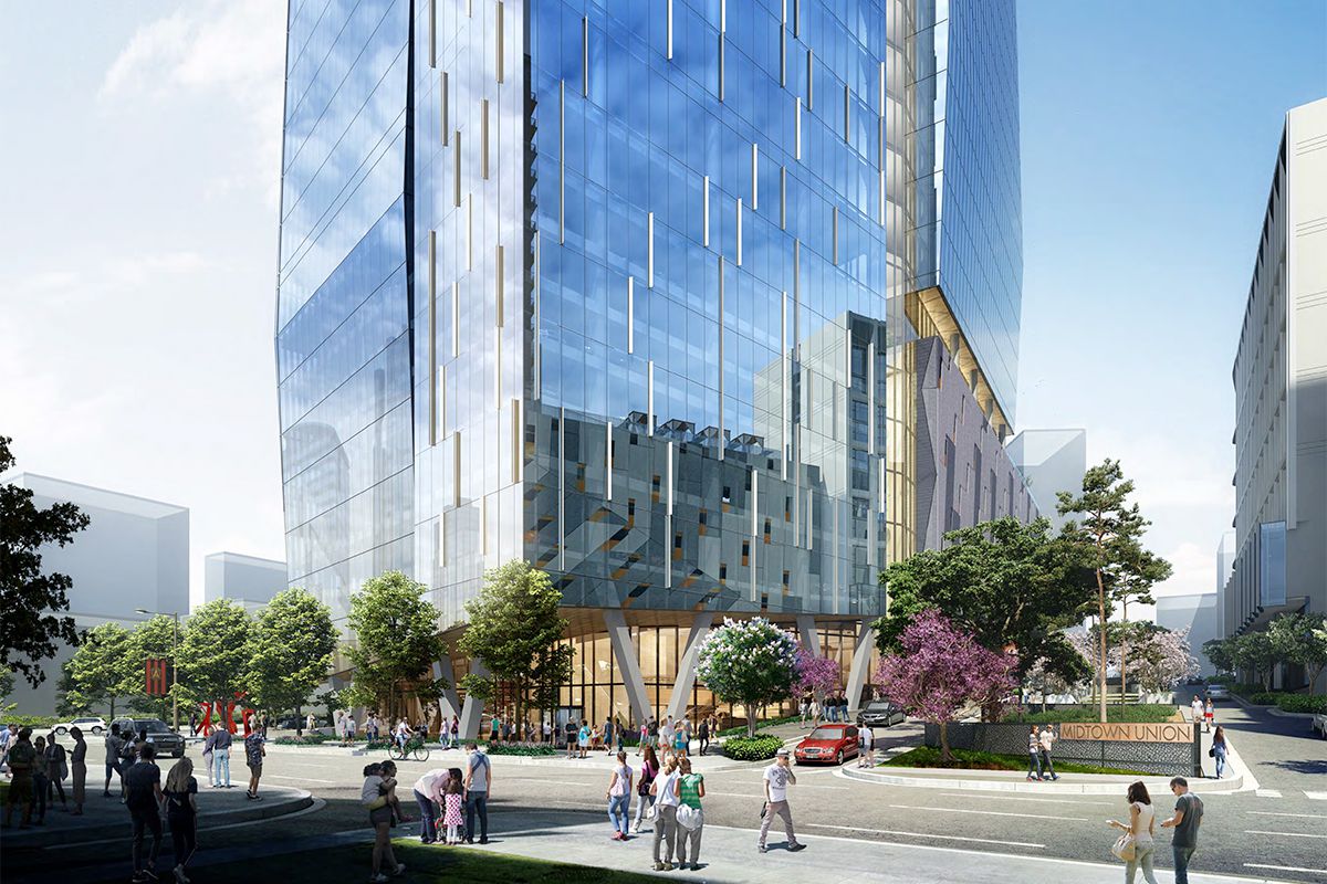 A rendering shows the ground floor of a glassy Midtown Union tower, surrounded by trees and pedestrians.