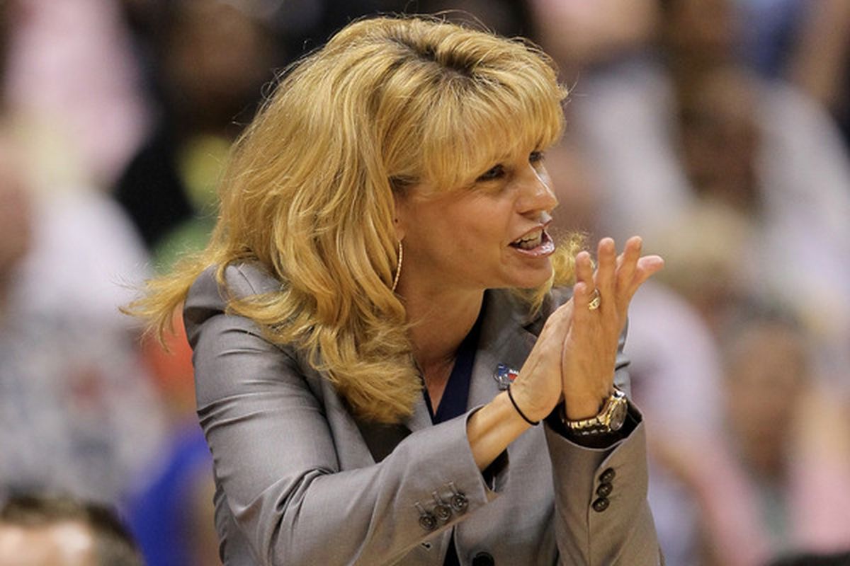 OU head coach Sherri Coale coaching from the sidelines and from the mic on senior night.  (Photo by Jeff Gross/Getty Images at the 2010 Final Four)