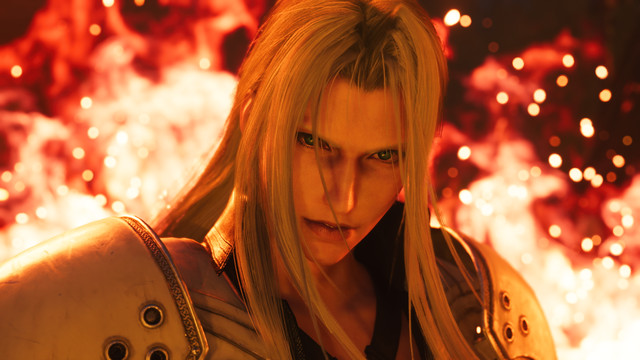 Sephiroth looks moody against a background of flames in Final Fantasy 7 Rebirth