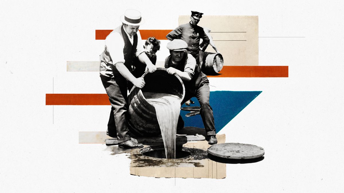 An illustration of people dumping a barrel of alcohol, with a police officer watching.