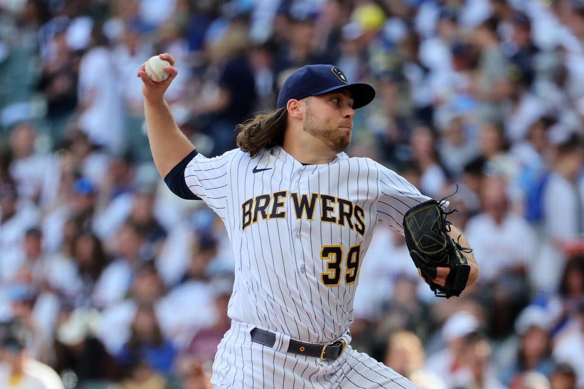 Corbin Burnes of the Milwaukee Brewers throws a pitch during the sixth inning against the San Francisco Giants at American Family Field on May 27, 2023 in Milwaukee, Wisconsin.