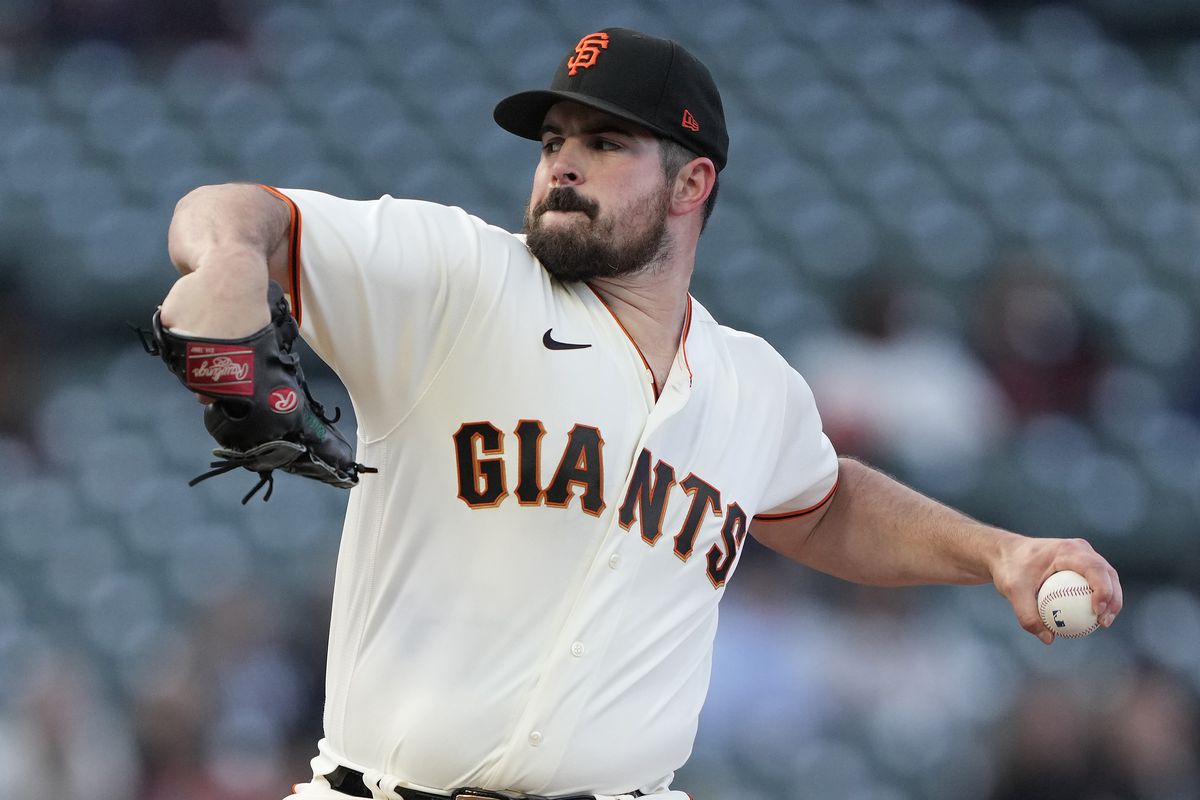Carlos Rodon #16 of the San Francisco Giants pitches against the Colorado Rockies in the top of the first inning at Oracle Park on May 09, 2022 in San Francisco, California.