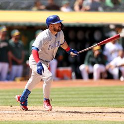 Luis Torrens #22 of the Chicago Cubs bats against the Oakland Athletics at RingCentral Coliseum on April 19, 2023 in Oakland, California.