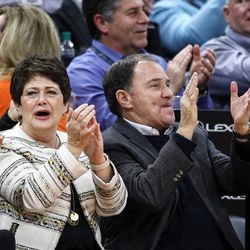 Jeanette and Gov. Gary Herbert cheer on the Utah Jazz during the game against the Golden State Warriors at Vivint Arena in Salt Lake City on Tuesday, Jan. 30, 2018.