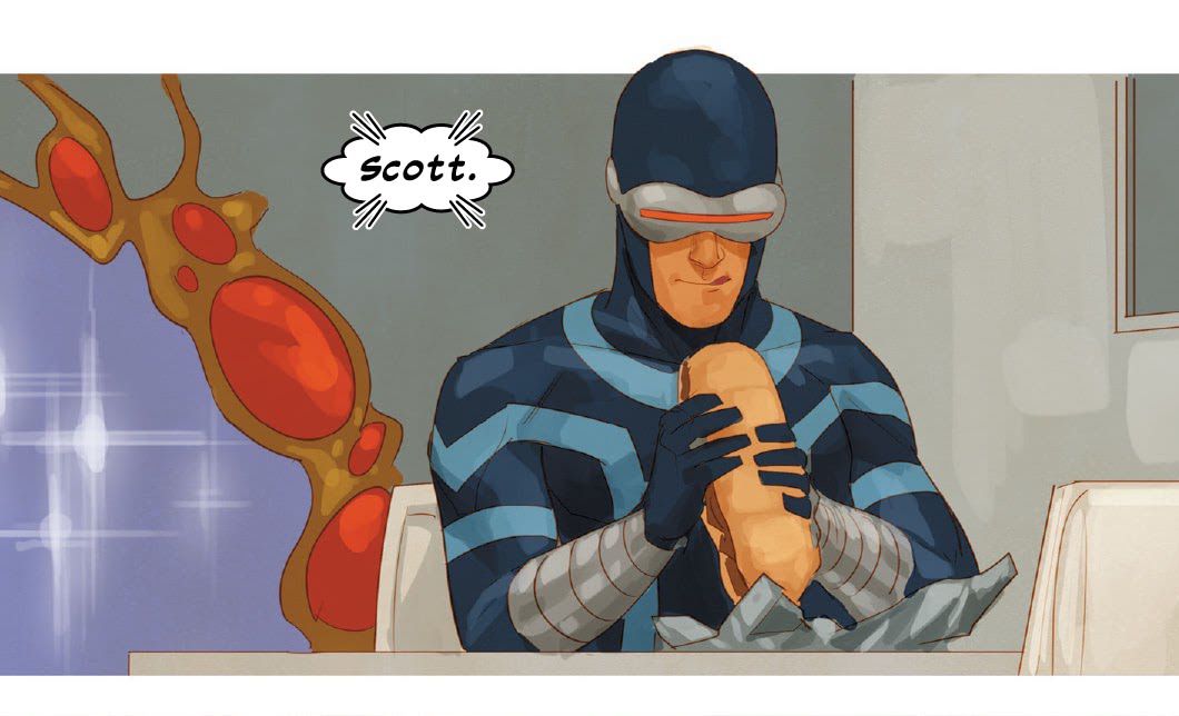 Cyclops licks his lips happily as he unwraps and raises a Philly cheesesteak to his mouth in Cable #2, Marvel Comics (2020). 