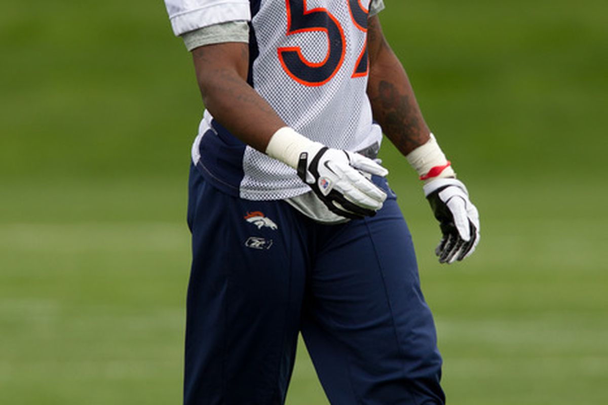 ENGLEWOOD, CO - MAY 11:  Linebacker Danny Trevathan #59 of the Denver Broncos participates in a drill during rookie camp at Dove Valley on May 11, 2012 in Englewood, Colorado. (Photo by Justin Edmonds/Getty Images)