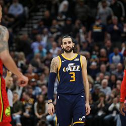 Utah Jazz guard Ricky Rubio (3) reacts as the Jazz trail the Atlanta Hawks in the final moments of the game at Vivint Smart Home Arena in Salt Lake City on Tuesday, March 20, 2018.