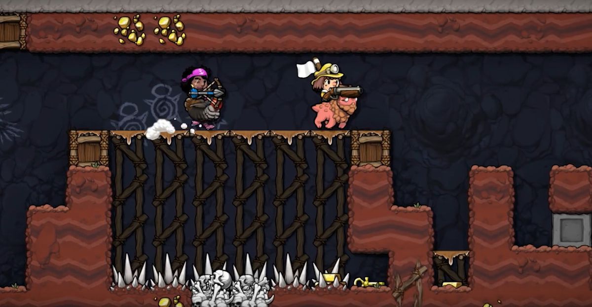 In Spelunky 2 two players ride steeds across platforms above an area covered in spikes.