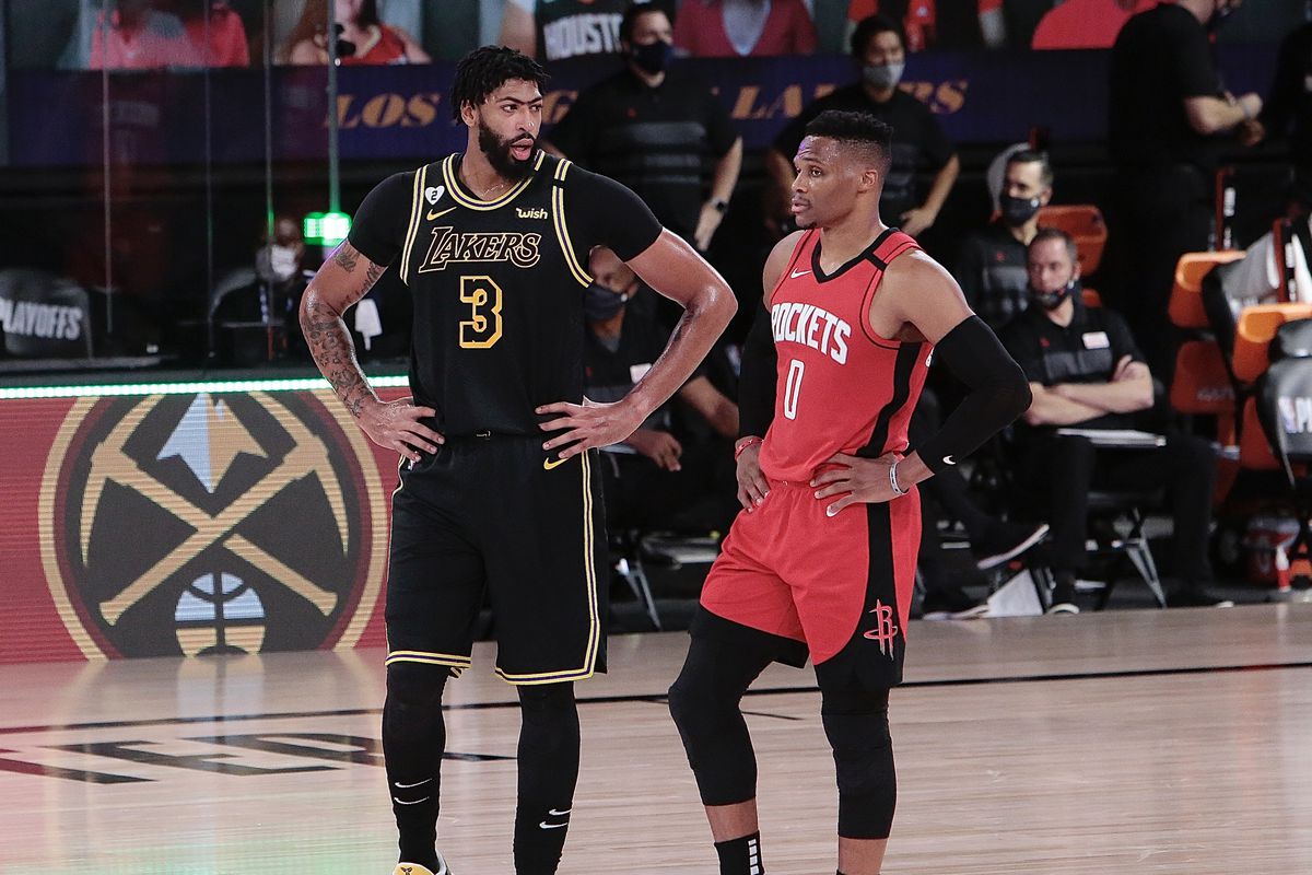 Anthony Davis of the Los Angeles Lakers chats with Russell Westbrook of the Houston Rockets during Game four of the second round of the 2020 Playoffs as part of the NBA Restart 2020 on September 6, 2020 at AdventHealth Arena at ESPN Wide World of Sports Complex in Orlando, Florida.
