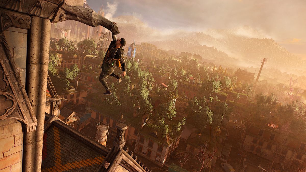 Aiden dangles from a gargoyle one-handed in Dying Light 2