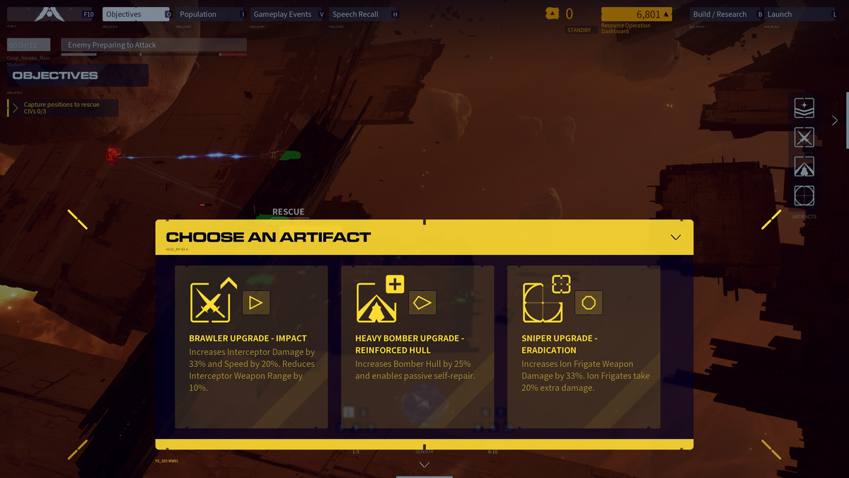 A screenshot of the Artifact Selection screen in Homeworld 3’s War Games mode