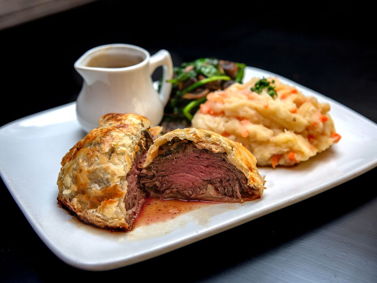 Beef Wellington at Cat &amp; Fiddle Pub &amp; Restaurant in Hollywood, California.
