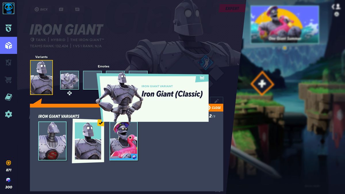 The Iron Giant (Classic) skin selection screen in MultiVersus