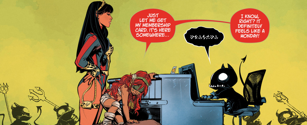 Brazillian goddess Caipora chats with staff at the check-in desk in the underworld, as Yara Flor/Wonder Woman looks on. The “staff” are sort of adorable black fanged imps with big glowing white eyes, in Future State: Wonder Woman #1, DC Comics (2021). 