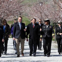 U.S. Surgeon General Regina Benjamin, second from right, joins Gov. Gary Herbert and Salt Lake County Mayor Ben McAdams for a walk around the Utah Capitol in Salt Lake City, Tuesday, April 9, 2013.
