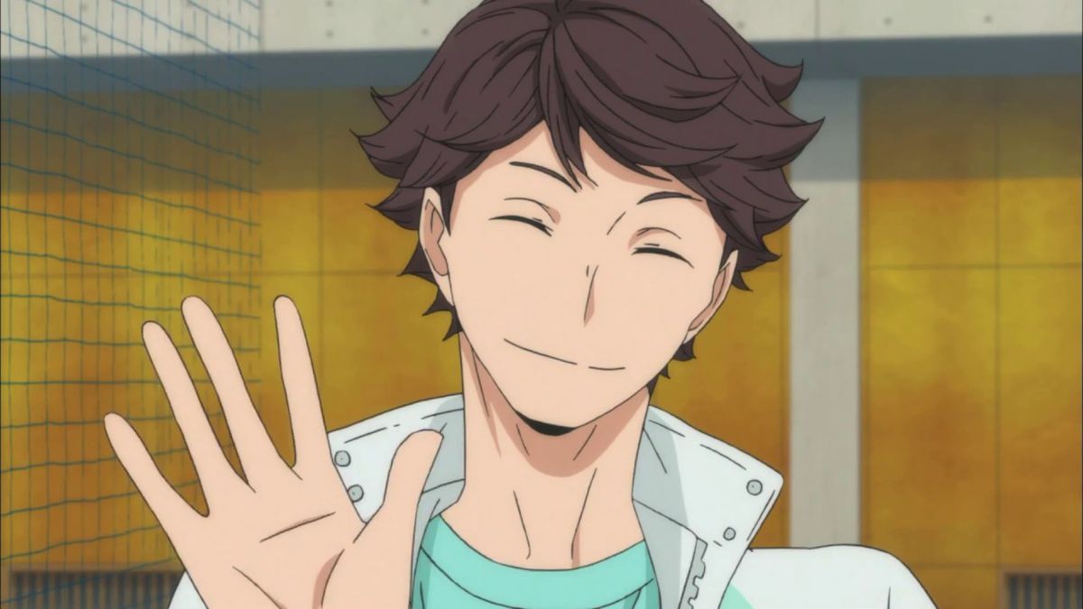 The anime volleyball player Oikawa waving. 
