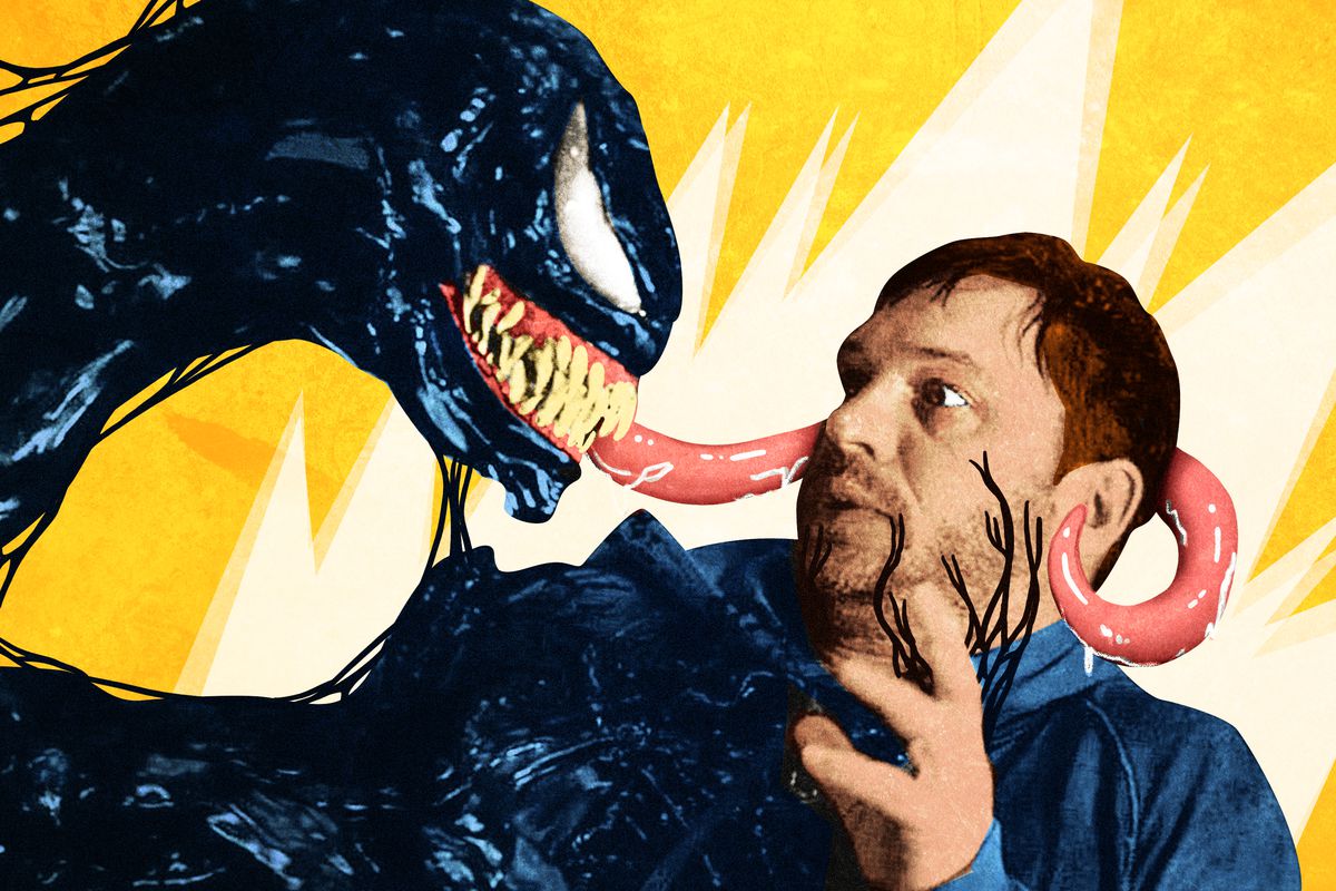 The Venom suit attacking Eddie Brock (Tom Hardy)
