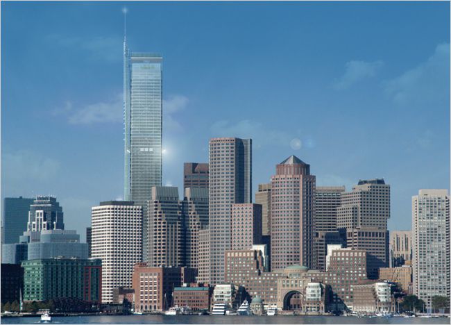 A city skyline with a glassy new tower rendered against it.