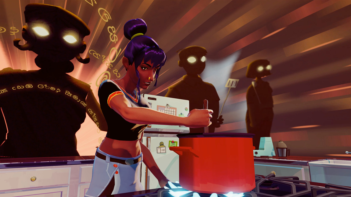 Jala stirring a large pan, while ghostly images of human figures stand behind her.
