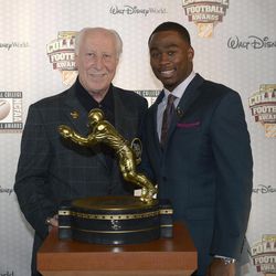 Oregon State receiver Brandin Cooks, right, poses with Fred Biletnikoff and the Biletnikoff Award after winning the honor during the College Football Awards show in Lake Buena Vista, Fla., Thursday, Dec. 12, 2013. 