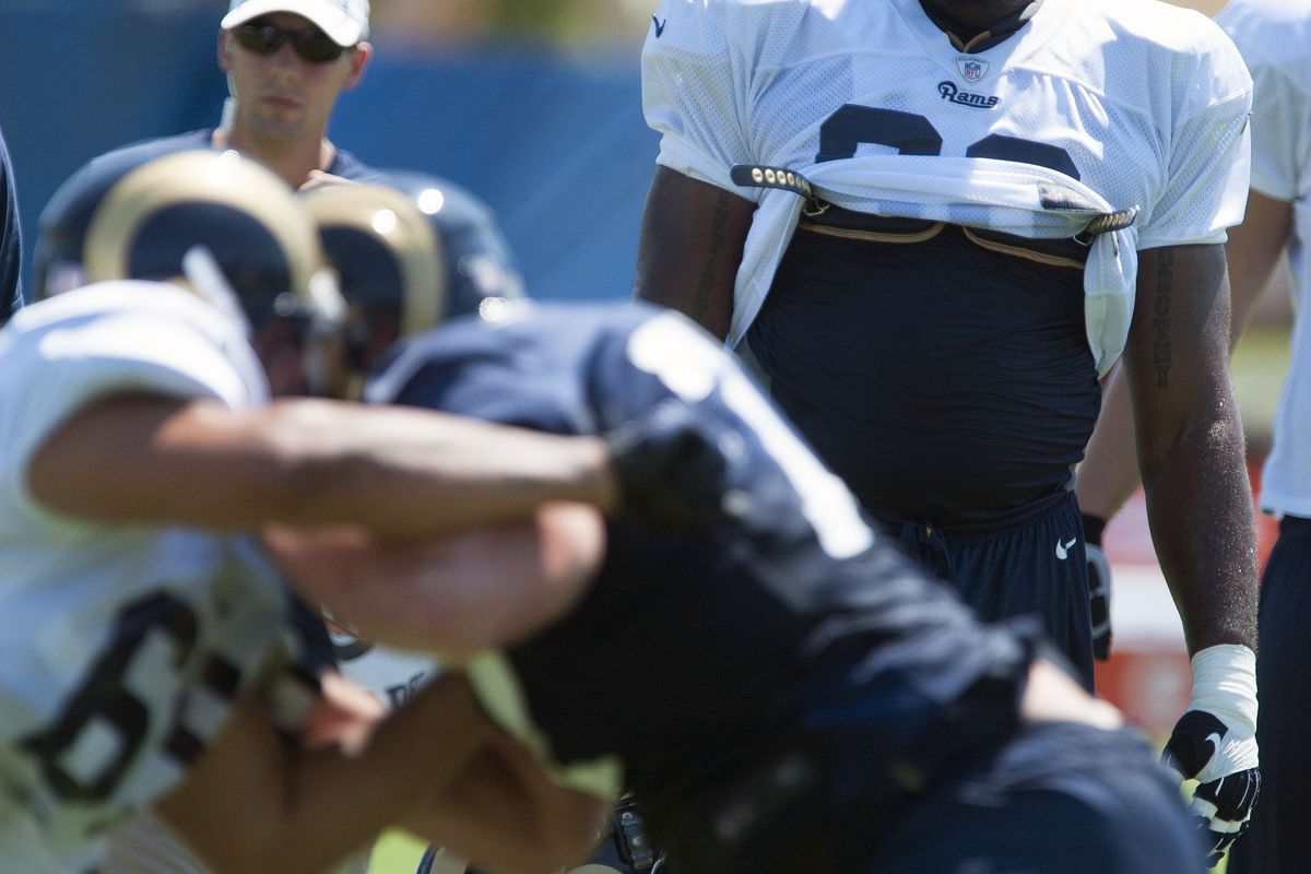 July 27, 2012; St. Louis, MO, USA; St. Louis Rams defensive tackle Michael Brockers (90) looks on during training camp at ContinuityX Training Center. Mandatory Credit: Jeff Curry-US PRESSWIRE