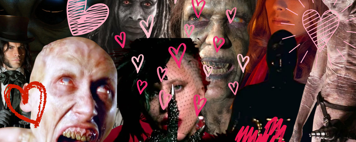 a collage of AHS creatures with a bunch of hearts surrounding them 