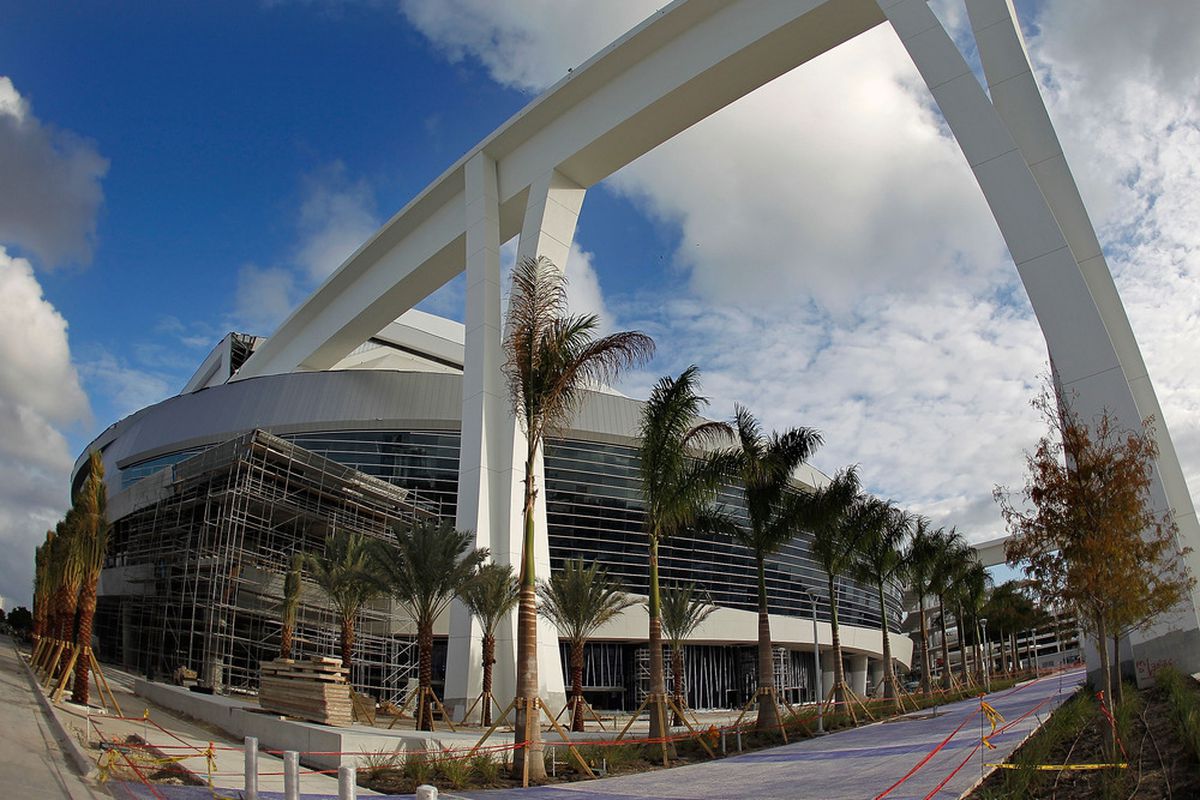 MIAMI, FL - DECEMBER 09:  Exterior views of the New Miami Marlins Ballpark on December 9, 2011 in Miami, Florida.  (Photo by Mike Ehrmann/Getty Images)