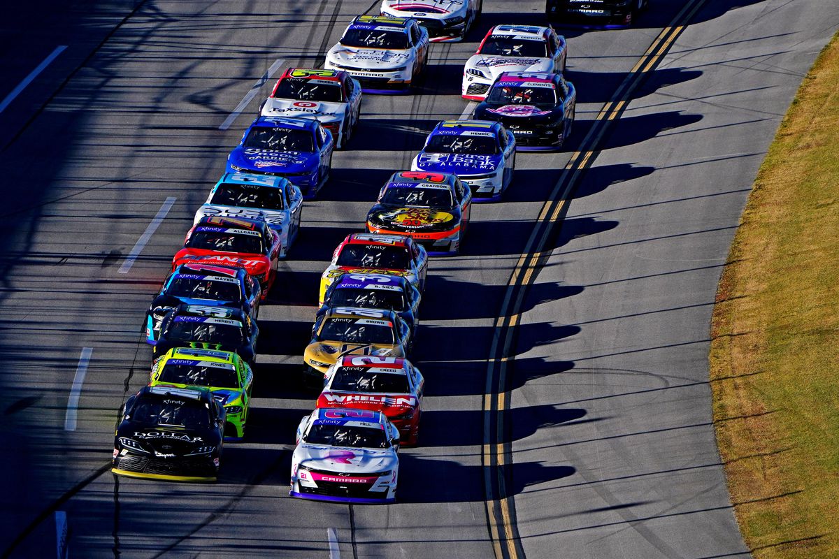NASCAR Xfinity Series driver Trevor Bayne (18) and NASCAR Xfinity Series driver Austin Hill (21) lead the field during the Sparks 300 at Talladega Superspeedway.