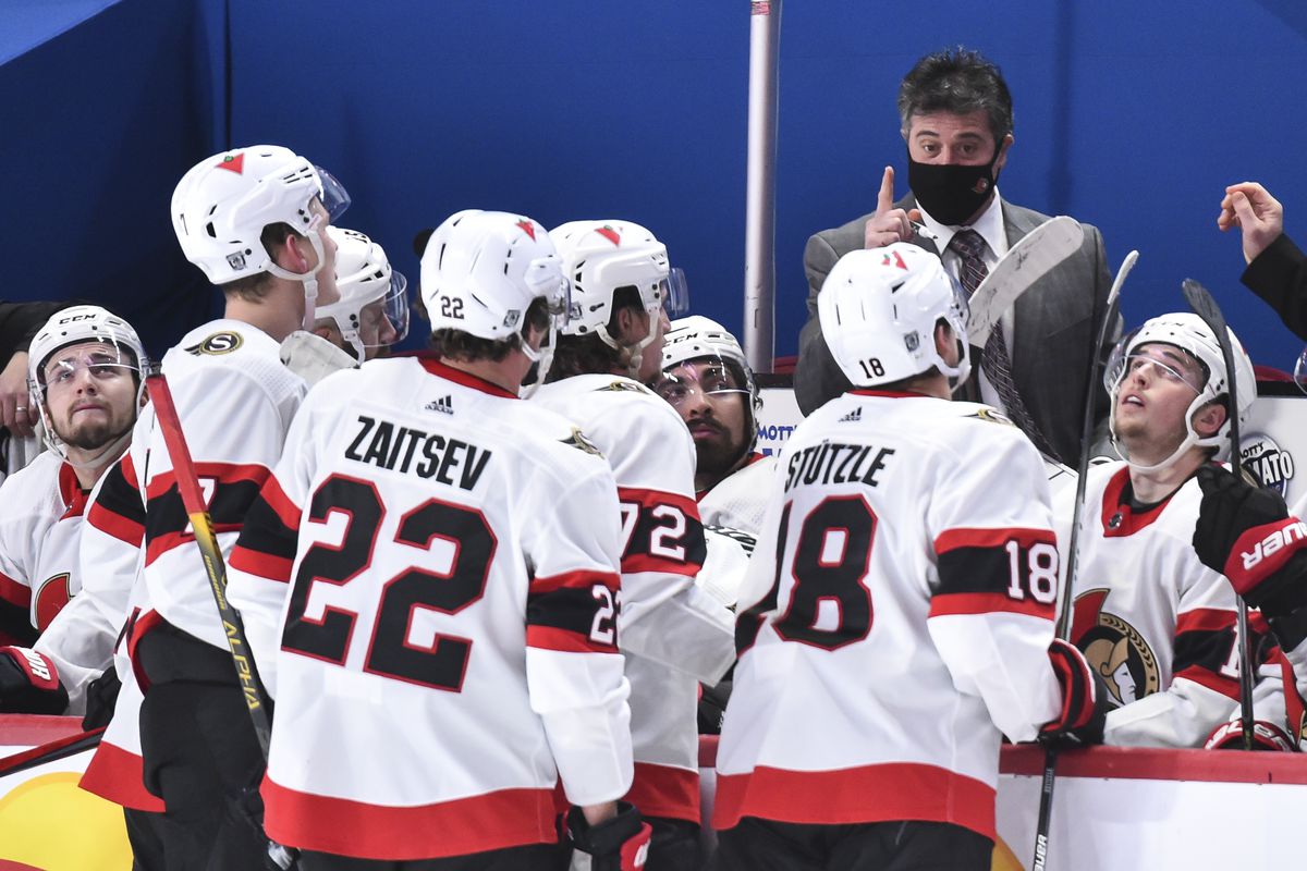 Associate coach of the Ottawa Senators Jack Capuano gives out instructions to his players during the third period against the Montreal Canadiens at the Bell Centre on February 4, 2021 in Montreal, Canada. The Ottawa Senators defeated the Montreal Canadiens 3-2.