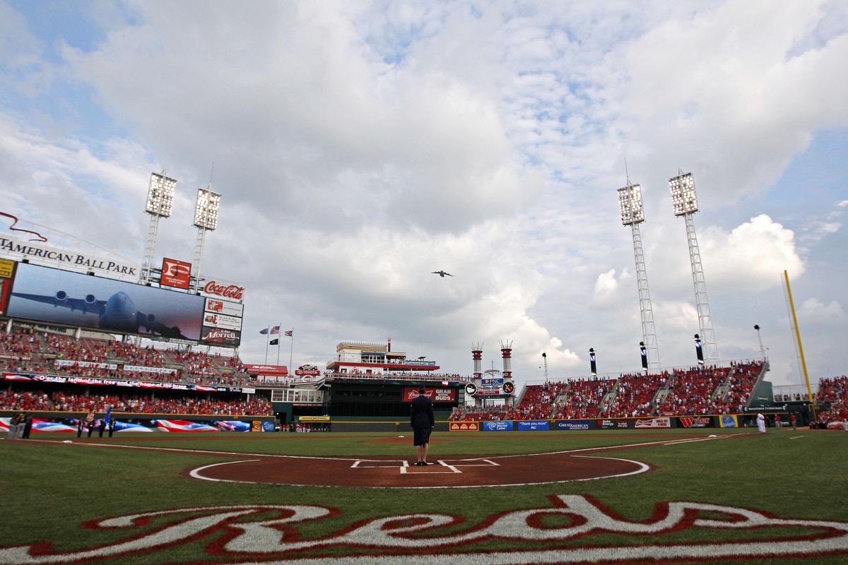 Aug 3, 2012; Cincinnati, OH, USA; A general view of Great American Ballpark during a fly over prior to the game between the Cincinnati Reds and the Pittsburgh Pirates at Great American Ball Park. Mandatory Credit: Frank Victores-US PRESSWIRE