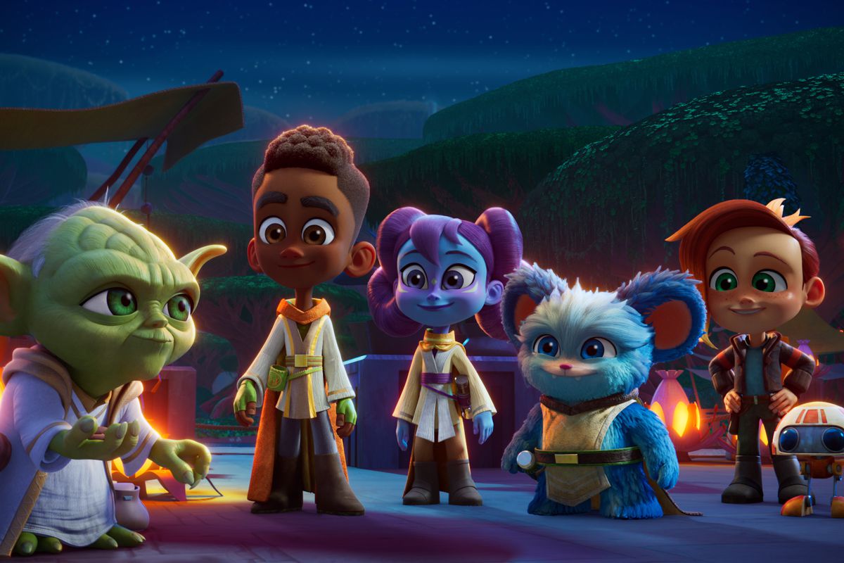 Master Yoda, Jedi younglings Kai, Lys, and Nubs, and their friends Nash and RJ-83 stand in front of some lanterns in Star Wars: Young Jedi Adventures