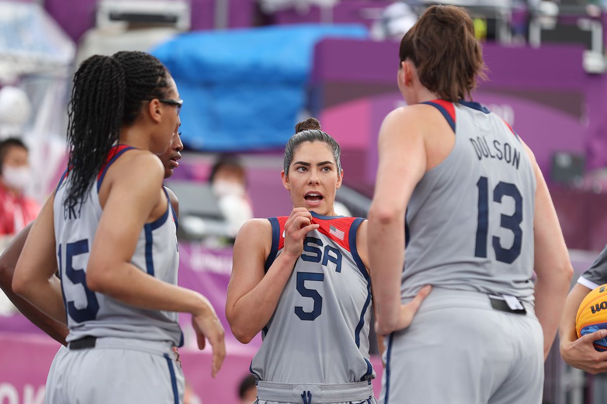Kelsey Plum of Team United States looks on after the loss in the 3x3 Basketball competition on day four of the Tokyo 2020 Olympic Games at Aomi Urban Sports Park on July 27, 2021 in Tokyo, Japan.