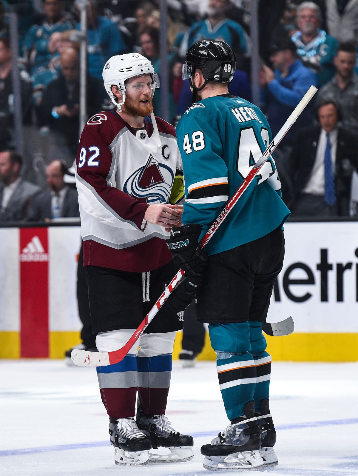 SAN JOSE, CA - MAY 08: Colorado Avalanche forward Gabriel Landeskog (92) shakes hands with San Jose Sharks forward Tomas Hertl (48) after game seven of the second round of the Stanley Cup Playoffs between the Colorado Avalanche and the San Jose Sharks 