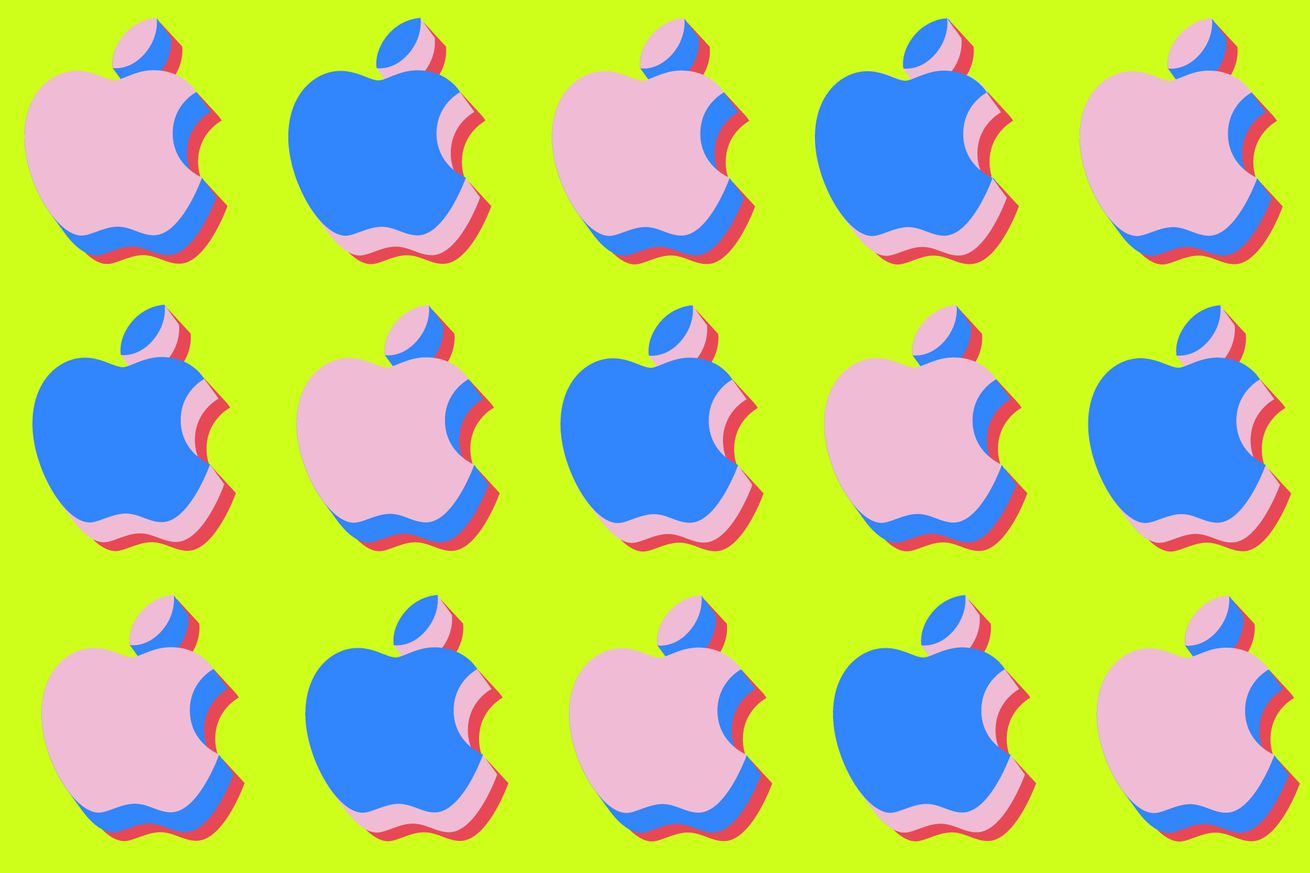 Illustration depicting several Apple logos on a lime green background.