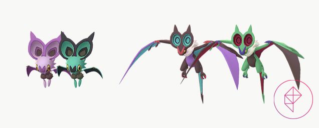 Shiny and regular Noibat and Noivern. Both Shiny forms go from purple and black to green, black, and red