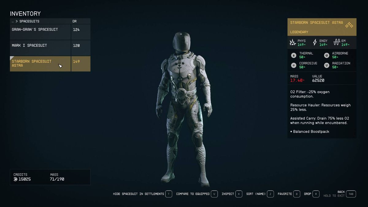 A Starfield menu shows the stats and design for the Starborn spacesuit, some of the best armor in Starfield.