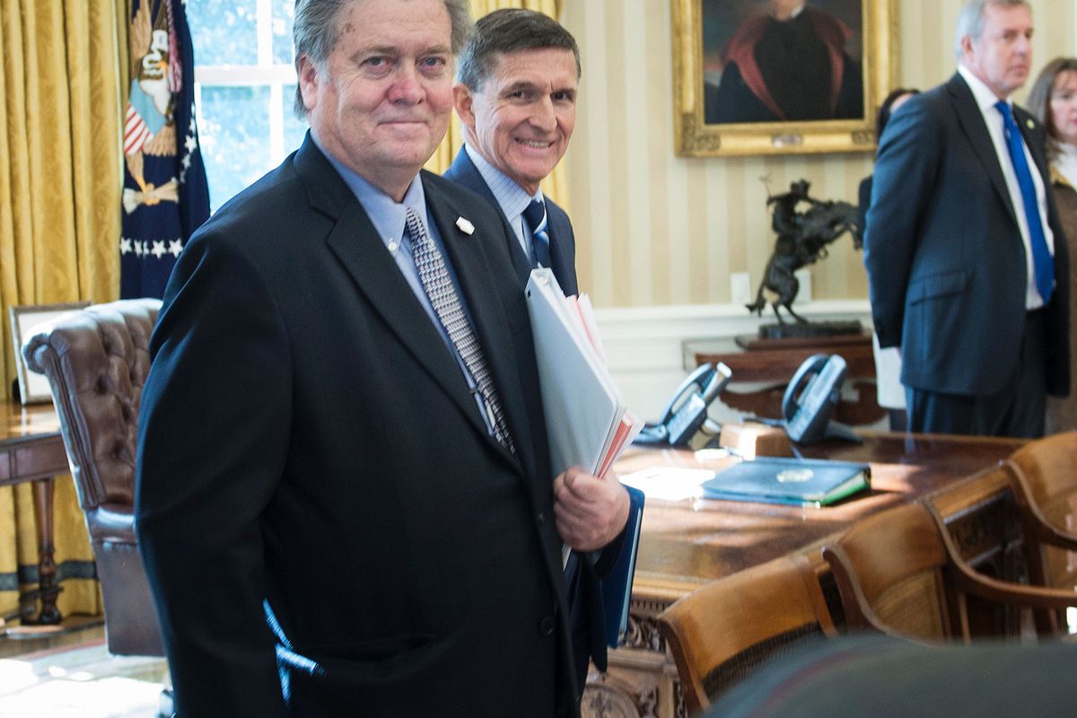 Trump advisor Steve Bannon is seen in the Oval Office before US President Donald Trump and British Prime Minister Theresa May meet at the White House January 27, 2017 in Washington, DC.
