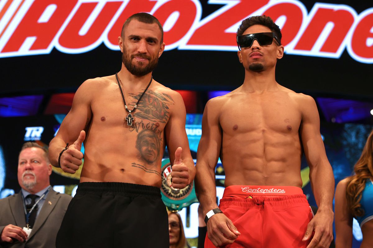 Vasiliy Lomachenko (L) and Jamaine Ortiz (R) pose during the weigh in prior to their October 29 lightweight fight at The Hulu Theater at Madison Square Garden on October 28, 2022 in New York City.
