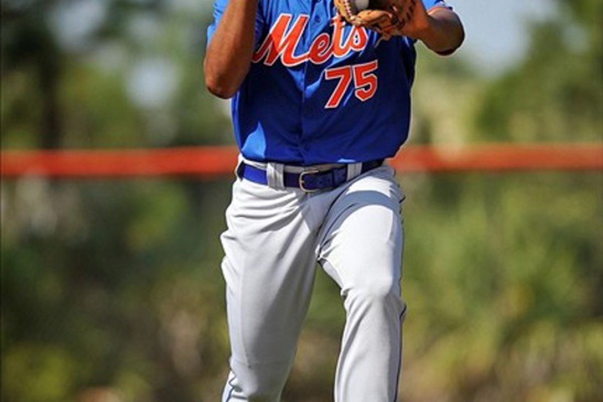 February 24, 2012; Port St Lucie, FL, USA;   New York Mets starting pitcher Jeurys Familia (75) during spring training workouts at Digital Domain Park. Mandatory Credit: Brad Barr-US PRESSWIRE
