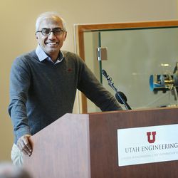 Rice University professor Ashu Sabharwal discusses plans to build a high-tech mobile communications "living laboratory" at the University of Utah during a press conference at the U. in Salt Lake City on Monday, April 9, 2018.