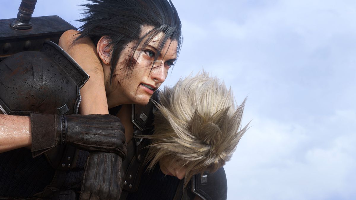Zack Fair drags an unconscious Cloud Strife to safety in a promo image for Final Fantasy 7 Rebirth