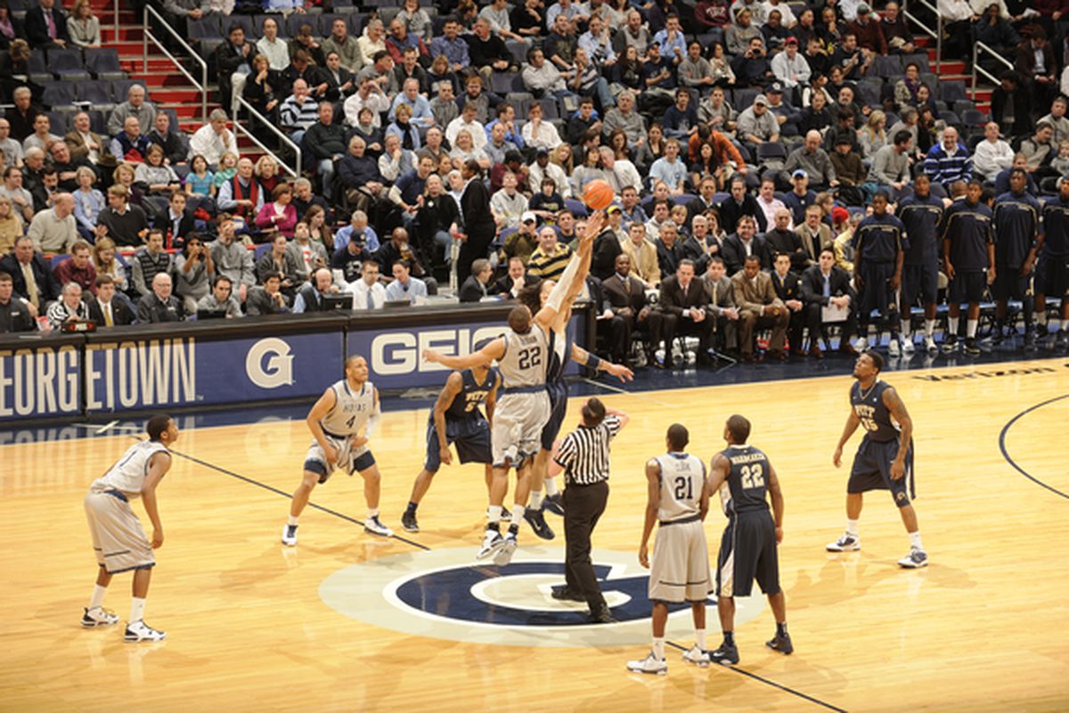 WASHINGTON DC - JANUARY 12:  Tip off of Georgetown Hoyas and Pittsburgh Panthers during a college basketball game on January 12 2011 at the Verizon Center in Washington DC.   The Panthers won 72-57.  (Photo by Mitchell Layton/Getty Images)