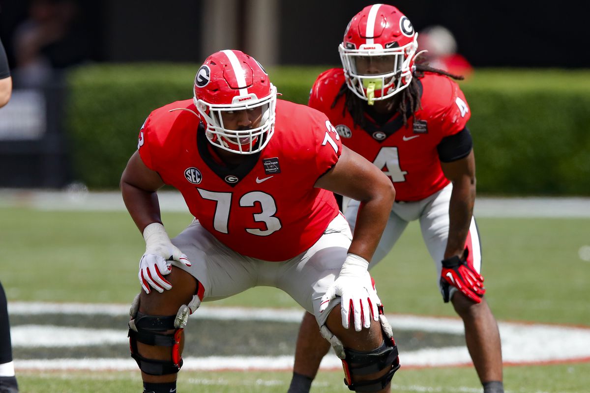 Offensive lineman Xavier Truss of the Georgia Bulldogs lines up during the first half of the G-Day spring game at Sanford Stadium on April 17, 2021 in Athens, Georgia.